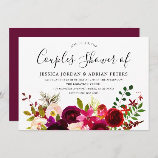 Bourgogne Rouge Floral Boho Couples Invitation de  (Devant / Derrière)