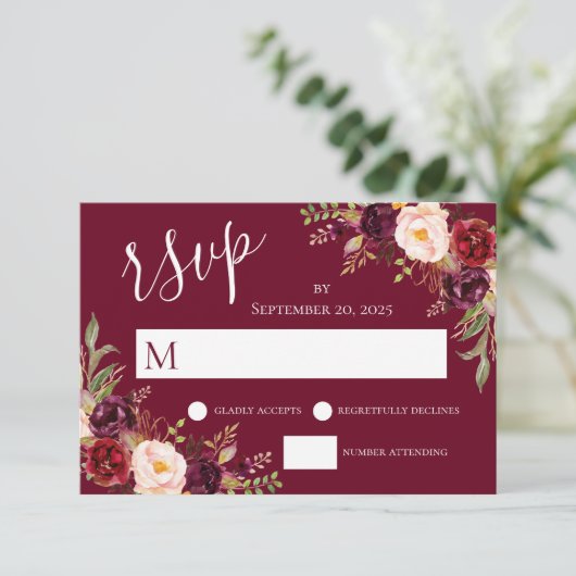 Bourgogne Rouge Floral Faire-Part de Réponse de Ma (Debout devant)