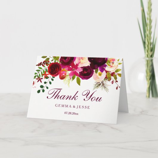 Bourgogne rouge violet Floral Boho Mariage Merci (Devant)