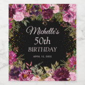 Bourgogne Roze Bloemen Glitter Zwart 50e Verjaarda Wijn Etiket (Enkel label)