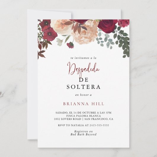 Bourgogne Roze Blush Bloemen Spaans Vrijgezellenfe Kaart (Voorkant)