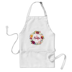 Bourgogne & roze Floral, grote naam & Initiaal Kin Standaard Schort