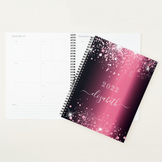 Bourgogne roze glitter stof monogram script planner (Display)