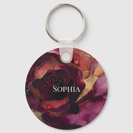 Bourgogne Roze Gouden Bloem Sleutelhanger (Voorkant)