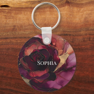 Bourgogne Roze Gouden Bloem Sleutelhanger