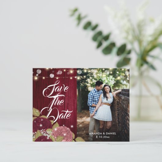 Bourgogne Roze Trouwfoto Save the Date Briefkaart (Staand voorkant)