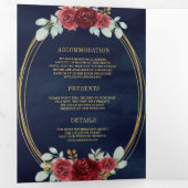 Bourgogne Rozen Alle in één QR Code Navy Weddensch Drieluik Uitnodiging (Binnenzijde eerst)