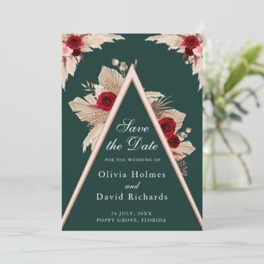 Bourgogne Rozen en Pampas Grass Save the Date Kaar (Staand voorkant)