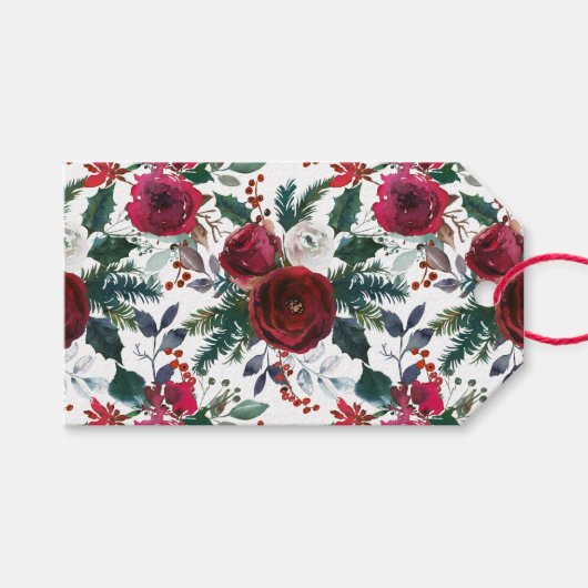 Bourgogne Rozen, Pine, Holly KerstFloral Cadeaulabel (Voorkant (Horizontaal))
