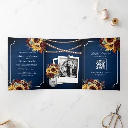 Bourgogne Rozen Zonnebloem Marine Blauw QR Code Br Drieluik Uitnodiging (Binnen)