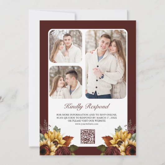 Bourgogne Rozen Zonnebloemen Foto QR Code Bruiloft Kaart (Achterkant)