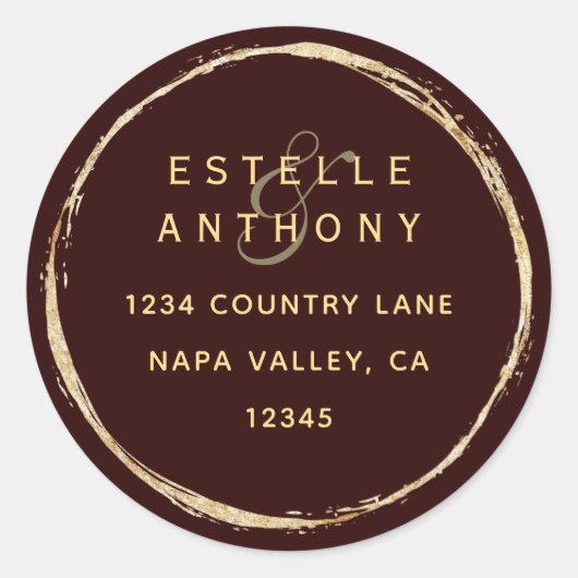 Bourgogne Rustiek Goud Ampersand Retouradres Ronde Sticker (Voorkant)