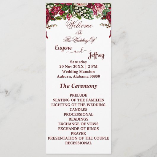 Bourgogne rustieke Rozen land bloementhema bruilof Programma (Voorkant)