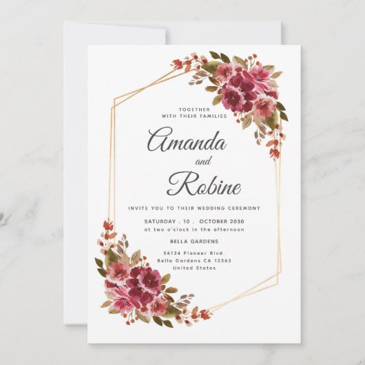 Bourgogne rustique & Faire-part de mariage floral  (Devant)