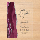 Bourgogne Silver Agate Script Save the Date Acryl Uitnodigingen (Voorkant)