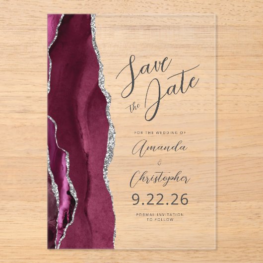 Bourgogne Silver Agate Script Save the Date Acryl Uitnodigingen (Voorkant)