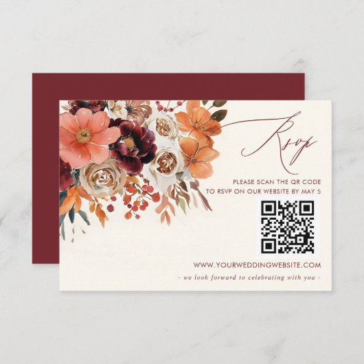 Bourgogne Sinaasappel Bloemen Fall Wedding QR CODE RSVP Kaartje (Voorkant / Achterkant)