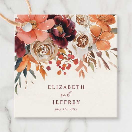 Bourgogne Sinaasappel Floral Fall Wedding Bedankjes Labels (Voorkant)