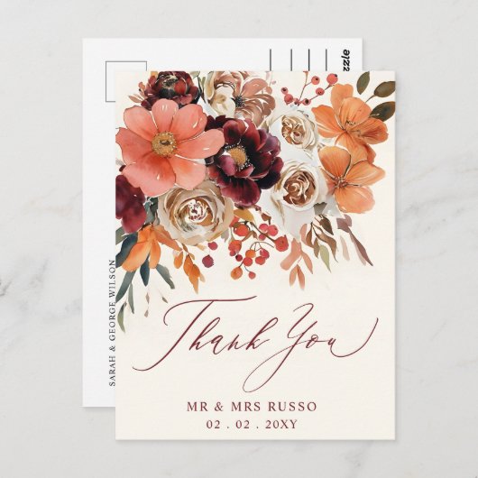 Bourgogne Sinaasappel Floral Fall Wedding Dank u Briefkaart (Voorkant / Achterkant)