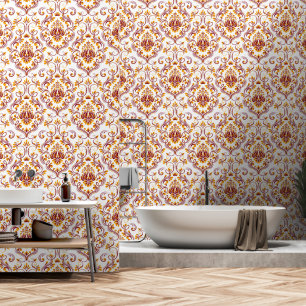 Bourgogne Sinaasappel Wit Damask Bloemschil en sto Behang