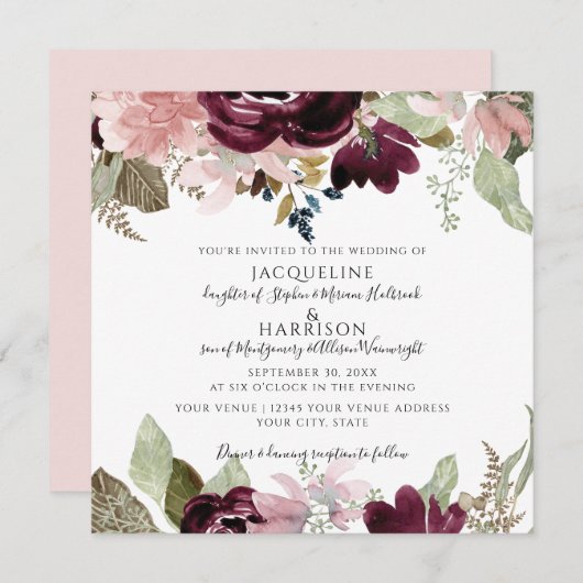 Bourgogne Stoffig Roze Bloemen Elegant Foliage Bru Kaart (Voorkant / Achterkant)