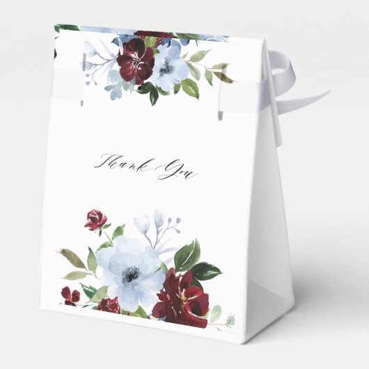 Bourgogne & stoffige blauwe bloemenbruiloft gunst bedankdoosjes (Achterkant)