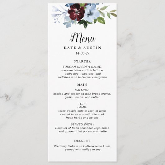 Bourgogne stoffige blauwe bruiloft menu (Voorkant)