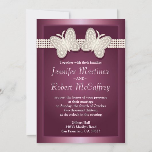 Bourgogne Studded Butterfly Wedding Invitations (Devant)