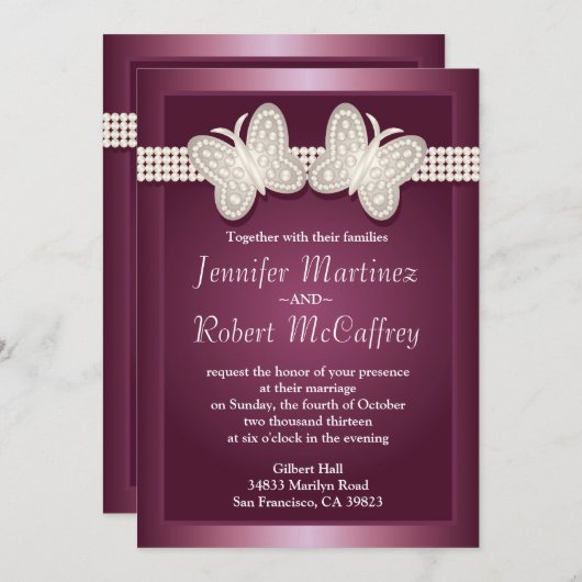 Bourgogne Studded Butterfly Wedding Invitations (Devant / Derrière)