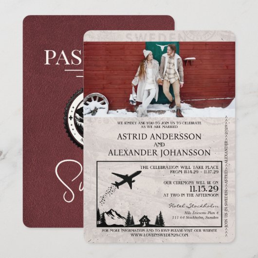 Bourgogne Suède Faire-part de mariage des passepor (Devant / Derrière)