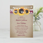 Bourgogne  Sunflower Burlap Wedding Kaart (Staand voorkant)