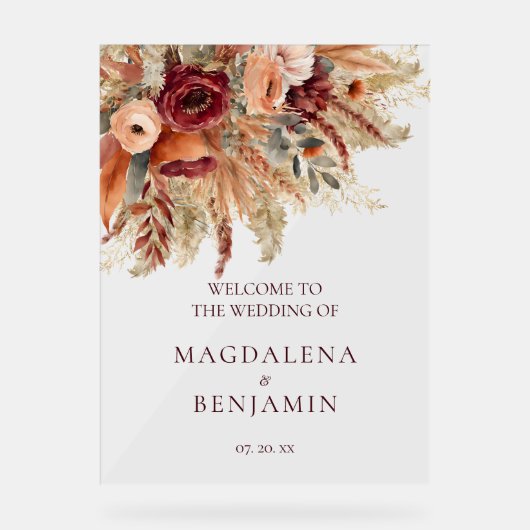 Bourgogne Terracotta Florals Pampas Grass Bruiloft Acryl Bord (Voorkant)