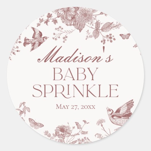 Bourgogne Toile Jouy  Bloemen Baby Sprinkle Ronde Sticker (Voorkant)