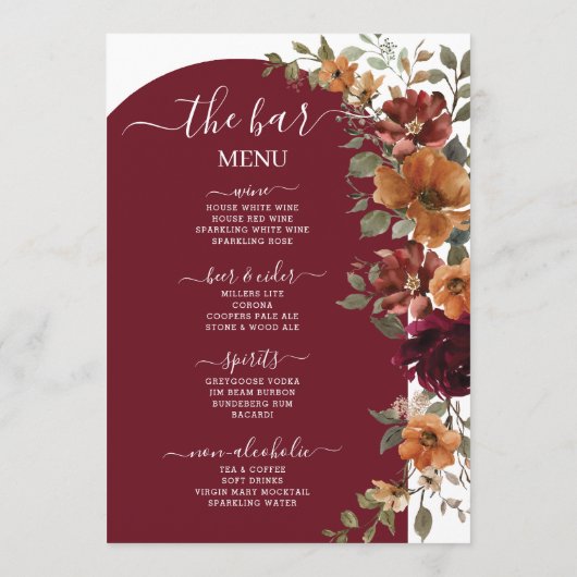 Bourgogne Verbrand Sinaasappel Bloemen Trouwmenu Programma (Achterkant)