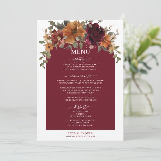 Bourgogne Verbrand Sinaasappel Bloemen Trouwmenu Programma (Staand voorkant)