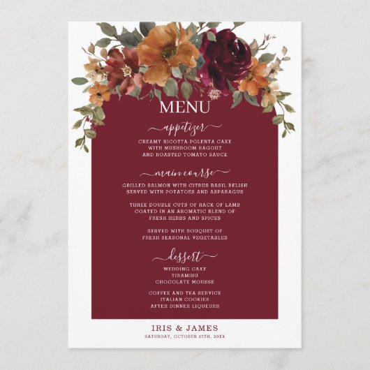 Bourgogne Verbrand Sinaasappel Bloemen Trouwmenu Programma (Voorkant)