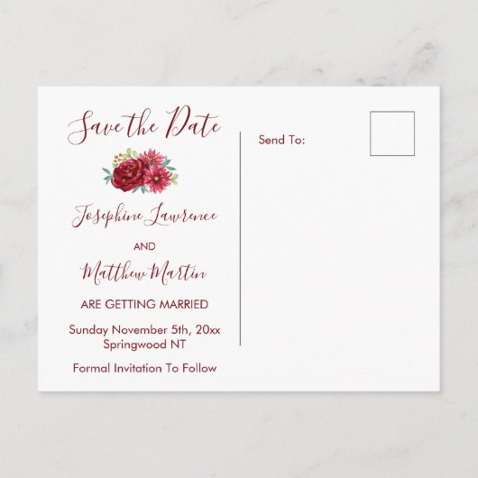 Bourgogne Waterverf Bloemen Save the Date Aankondigingskaart (Achterkant)