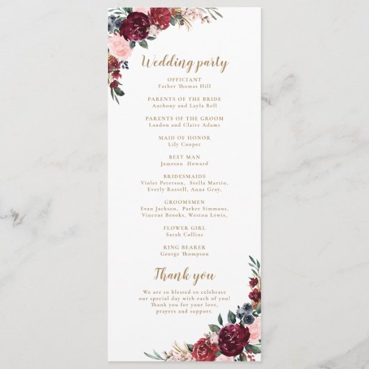 Bourgogne waterverf bloemenboho bruiloft programma (Achterkant)