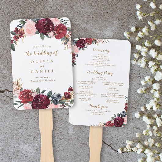 Bourgogne waterverf bloemenboho bruiloft programma handwaaier