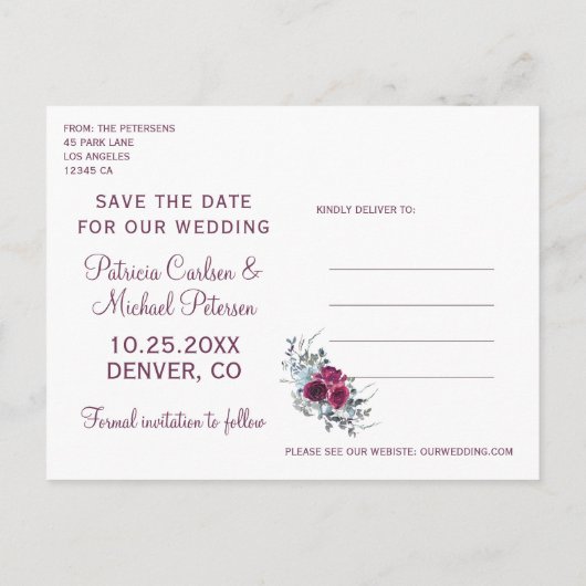 Bourgogne waterverf bloemfoto opslaan datum bruilo aankondigingskaart (Achterkant)