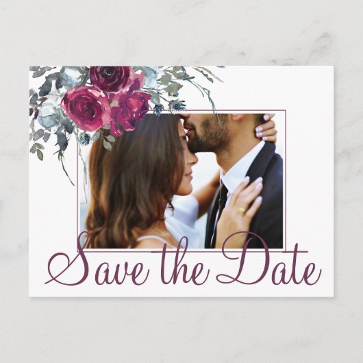 Bourgogne waterverf bloemfoto opslaan datum bruilo aankondigingskaart (Voorkant)