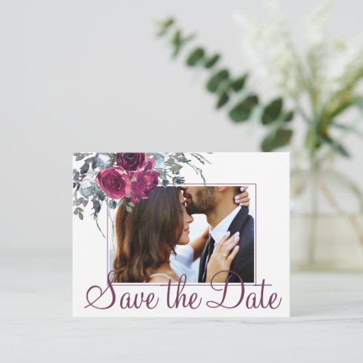 Bourgogne waterverf bloemfoto opslaan datum bruilo aankondigingskaart (Staand voorkant)