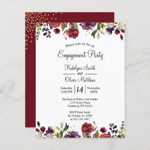 Bourgogne Waterverf Floral Gold Foil Verloving Kaart