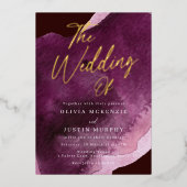 Bourgogne Waterverf Modern Wedding Gold Folie Uitnodiging (Voorkant)