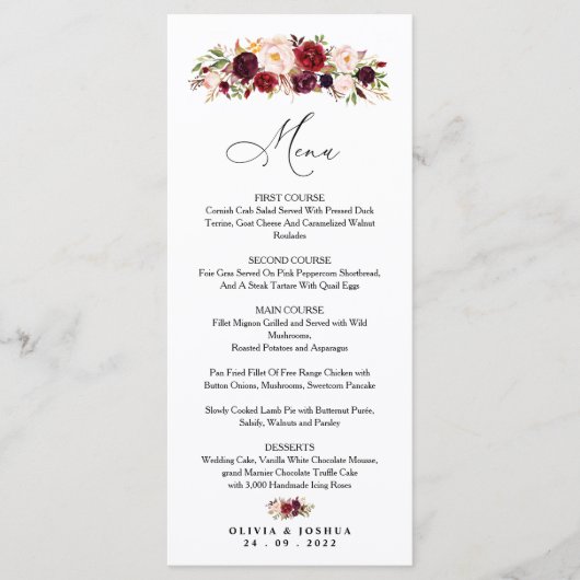 Bourgogne Wedding Menu, Floral Menu (Voorkant)