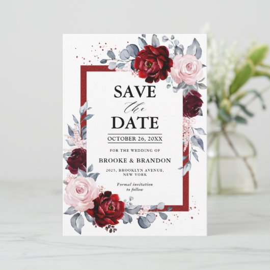 Bourgogne Wijn Dusty Blue Slate Save the Date (Staand voorkant)