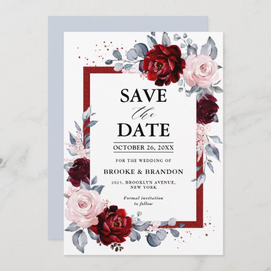 Bourgogne Wijn Dusty Blue Slate Save the Date (Voorkant / Achterkant)