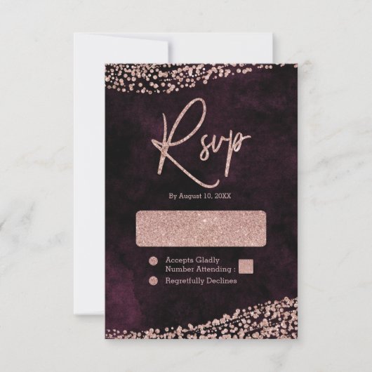 Bourgogne Wijn & Roos Goud Confetti Bruiloft RSVP (Voorkant)