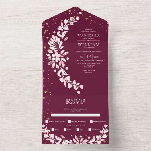 Bourgogne, witte bloemenkrans met trouwhartjes all in one uitnodiging (Binnen)