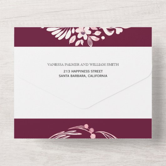 Bourgogne, witte bloemenkrans met trouwhartjes all in one uitnodiging (Achterkant)